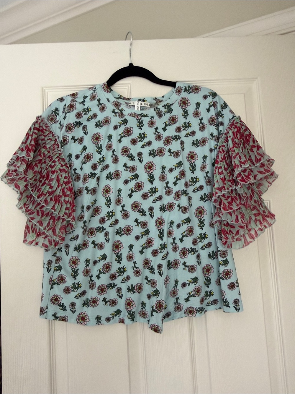 Alice + Olivia Light Blue Floral Blouse with Pink Ruffle Sleeves